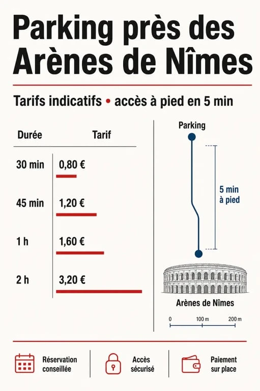Parking arènes nîmes prix : infographie éditoriale des tarifs 30 min, 45 min, 1 h et 2 h avec distance à pied vers les Arènes