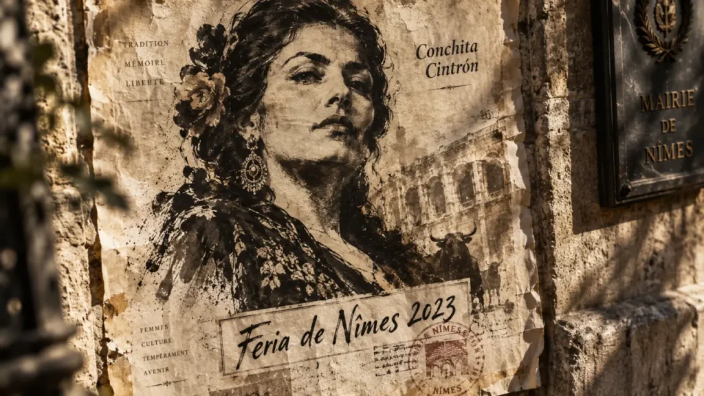 Affiche feria nîmes 2023 avec portrait de Conchita Cintrón sur mur de mairie.