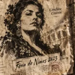 Affiche feria nîmes 2023 avec portrait de Conchita Cintrón sur mur de mairie.