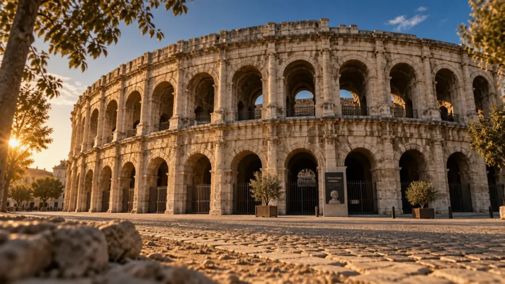 Arènes de Nîmes date de construction, 60 arcades, façade ovale