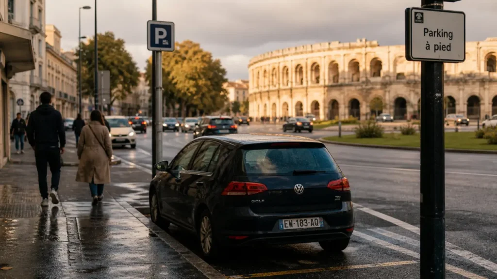 Arènes Nîmes parking gratuit : voiture et piétons vers le centre à pied