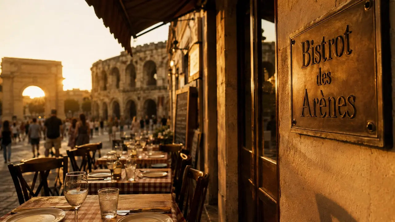 bistrot des arènes nîmes : terrasse ombragée et panneau du bistrot