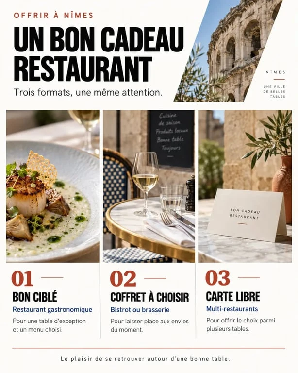 Les trois formats de bon cadeau restaurant à Nîmes : gastronomique, bistrot et carte multi-restaurants
