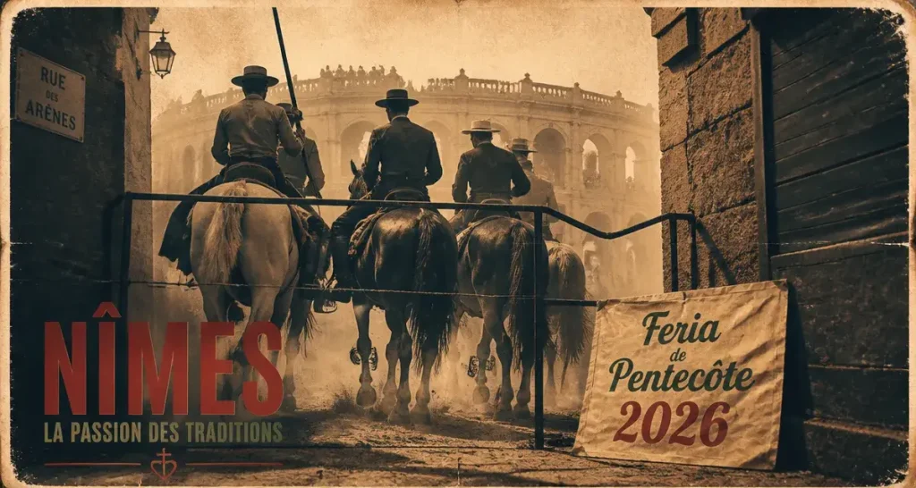 Feria de Nîmes 2026 : affiche vintage fête taurine à l’arène
