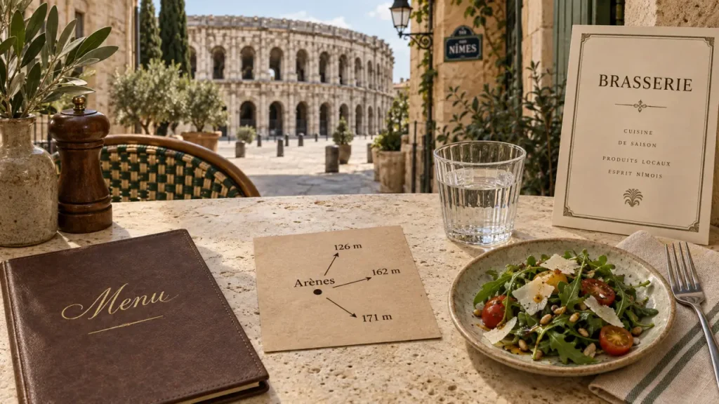 Où manger à Nîmes près des arènes, distances 126 m, 162 m, 171 m
