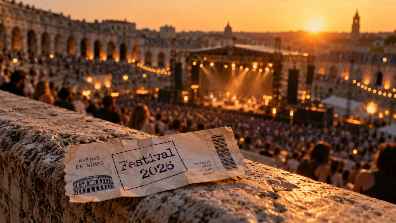 Arènes de Nîmes festival 2026 : billets froissés et scène au loin
