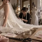 Boutique mariage nîmes : essayage robe satin blanc en atelier