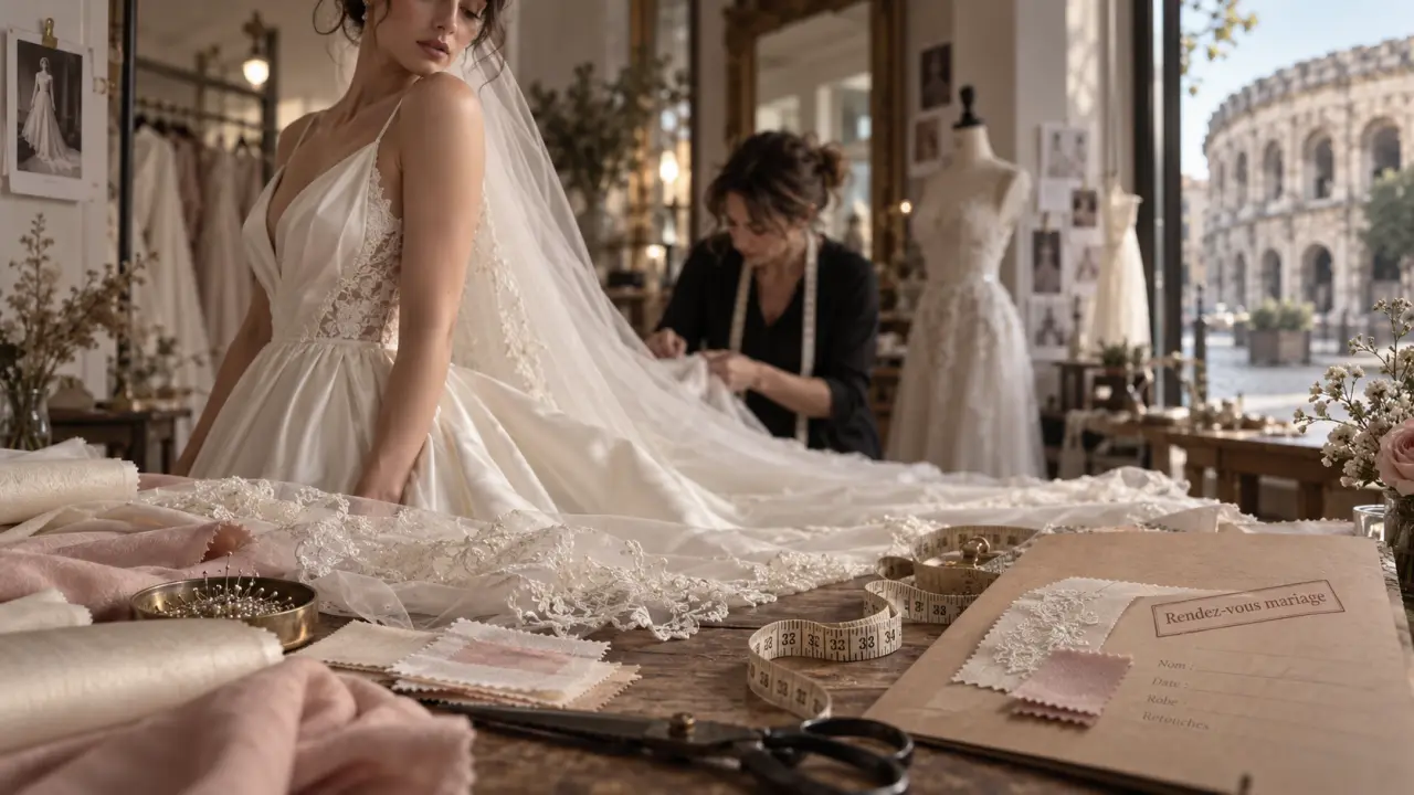 Boutique mariage nîmes : essayage robe satin blanc en atelier
