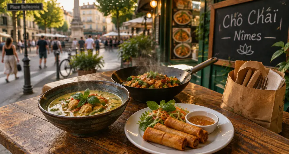 Chô Chaï Nîmes : thaï street food devant la vitrine, curry coco et nems