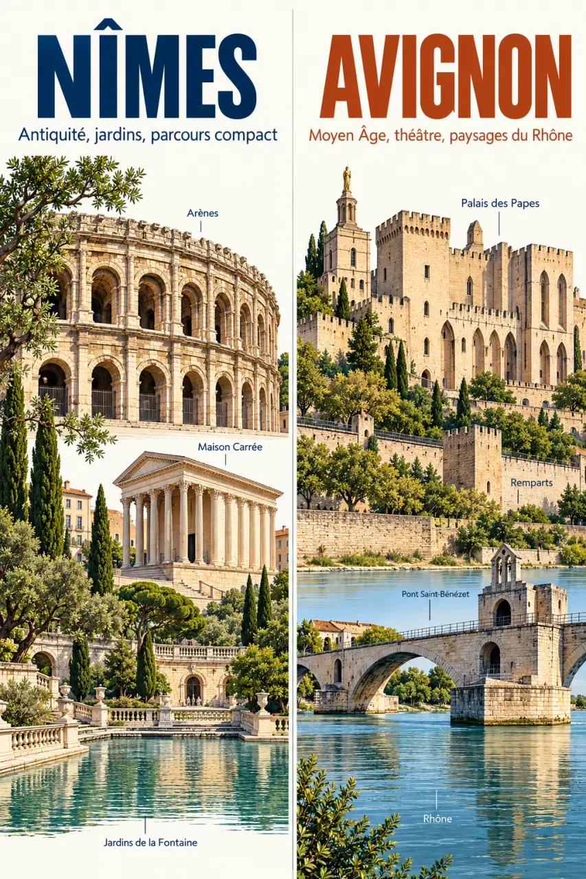Visiter Nîmes ou Avignon : comparaison visuelle entre monuments romains, jardins, palais des Papes et paysages du Rhône