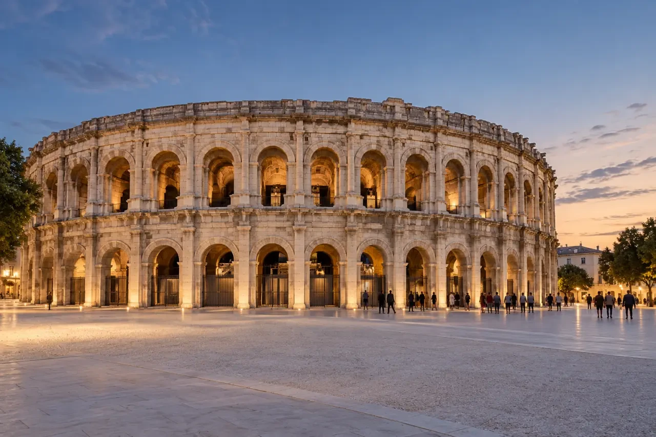 Arènes de Nîmes festival au crépuscule avant un concert