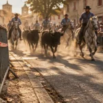 Manifestation taurine aujourd’hui : gardians à cheval, abrivado près des barrières