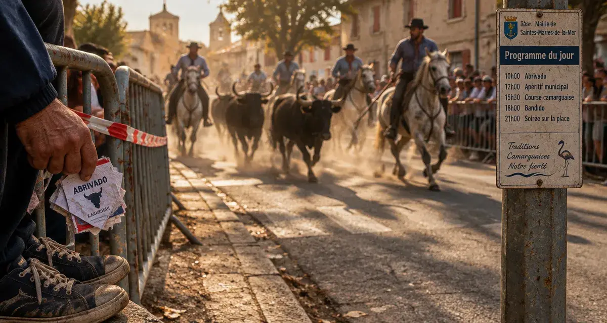 Manifestation taurine aujourd’hui : gardians à cheval, abrivado près des barrières